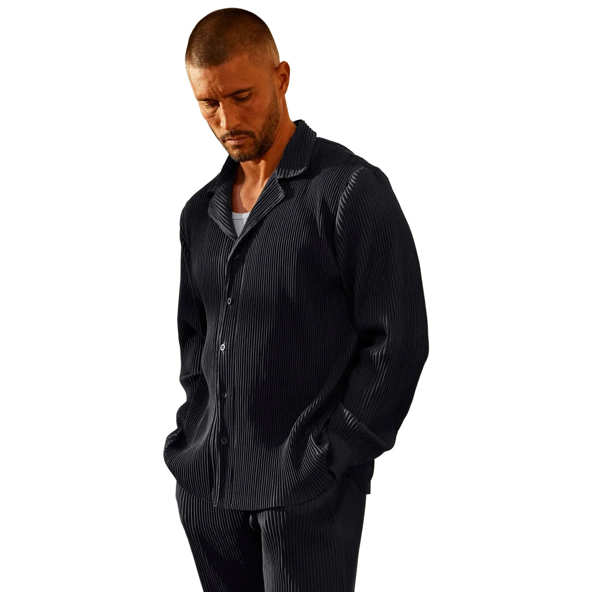 Front View of Belier Pleated Black Shirt